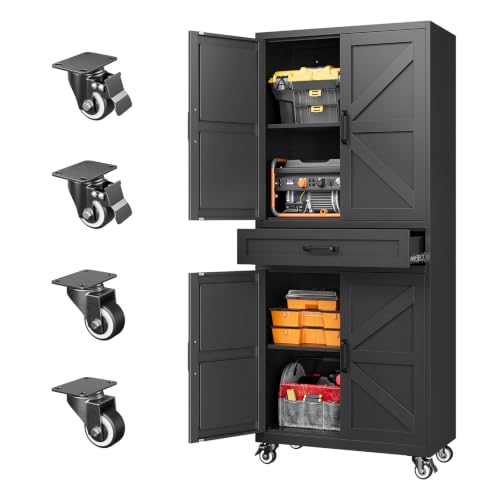Letaya Metal Garage Storage Cabinets with Wheels,Black Rolling Tool Cabinet - color: Black, size: 15.7” D x 32” W x 73” H