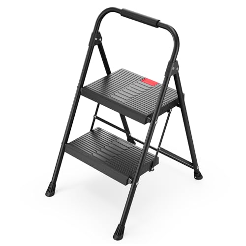 TOOLF 2 Step Ladder, Folding Steel Step Ladder with Handrail, Black - size: 2 Step Ladder