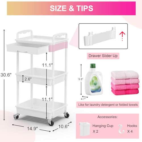 Goovilla 3 Tier Rolling Utility Cart Organizer with Removable Drawer, White - size: 3 Tier, style: White