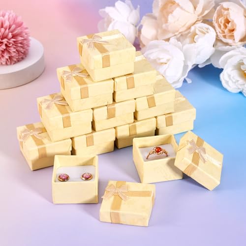 Craftdady 12 Pack Ring Boxes for Jewelry Present 1.59 x 1.59x 1.02 Inch Square Hard Cardboard Jewelry Boxes with Lids Small Present Boxes with Bow for Earring Bracelet Brooch Packaging (Light Yellow) - color: Light Yellow