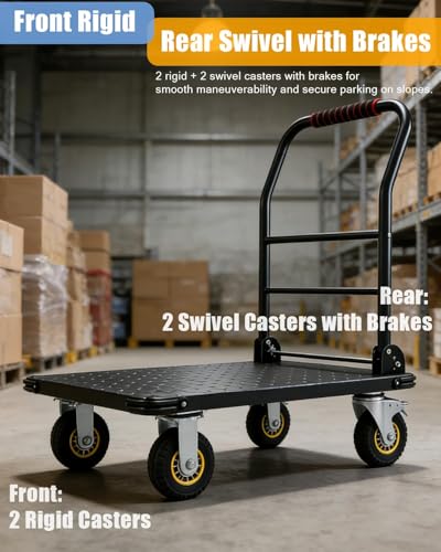 Heavy Duty 1800LBS Platform Truck Cart – 36"x24" Steel Flatbed Utility Cart, 6" Swivel Wheels with Brakes, Collapsible Hand Truck for Warehouse and Garage - color: Black-1800lbs