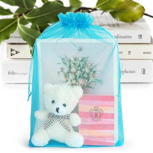ANZNKU 50 Pcs Large Organza Bags 8x12, Small Mesh Gift Bag Drawstring Bulk - color: Lake Blue