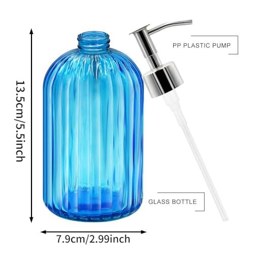 2 Pack Blue Glass Soap Dispenser Bottle with Pump, 14 Oz Refillable Liquid Hand Jar Dispenser for Bathroom, Countertop, Kitchen, Laundry Room - color: Blue