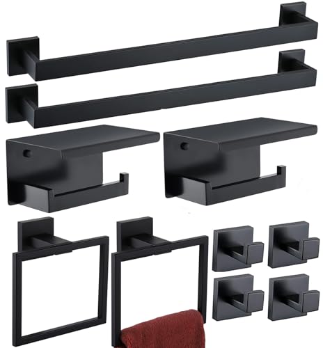 Bathroom Hardware Set Piece Matte Black Bathroom Accessories Set SUS304 Towel Bar Set Includes 2 Towel Bar 24 Inch+2 Towel Holder+2 Toilet Paper Holder+4 Towel Hooks (10, Matte Black) - color: Matte Black