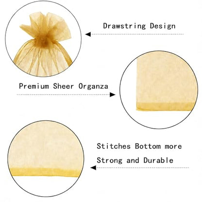 KLLPNW 100 Count Sheer Organza Mesh Drawstring Gift Wrap Bags 5x7 Inch Gold - color: Gold, size: 5x7 Inch (Pack of 100)