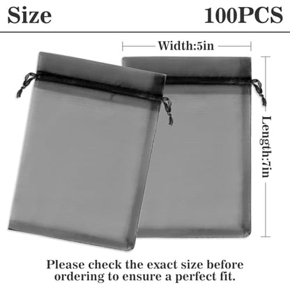Sukh Black Organza Bags 5"x7" - 100PCS Small Mesh Drawstring Gift Bags - color: Black, size: 100 Count (5 x 7 Inches)