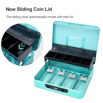 Jssmst Metal Cash Box with Money Tray and Lock, Portable Cash Drawer, 11.8" - color: Light Blue Code-B