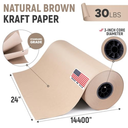 24" Paper Dispenser with Cutter + 30 lb Natural Brown Kraft Paper Roll - color: 1 Roll + Dispenser, size: 24" x 1200' 30 Lb