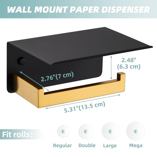 APLusee Black and Gold Toilet Paper Holder with Storage Shelf, Wall Mounted - color: Black With Gold, size: Single Rod