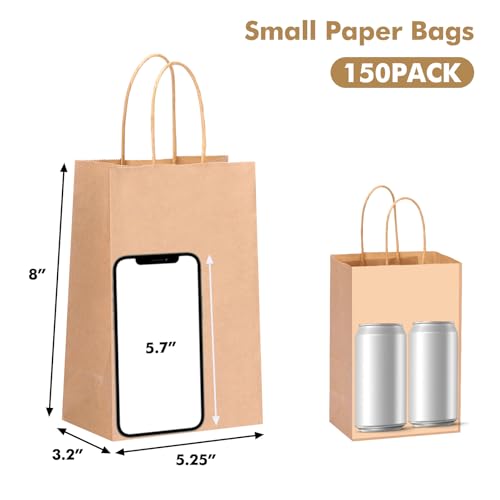 OUTUXED 150pcs Brown Paper Bags with Handles, 5.25x3.2x8in Small Gift Bags - color: Brown 5.25x3.2x8in, size: 1 Count (Pack of 150)