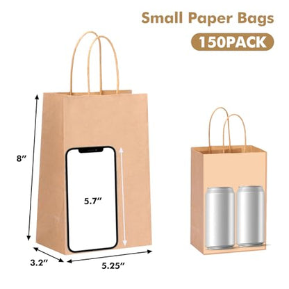 OUTUXED 150pcs Brown Paper Bags with Handles, 5.25x3.2x8in Small Gift Bags - color: Brown 5.25x3.2x8in, size: 1 Count (Pack of 150)