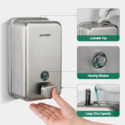 anydry Commercial Soap Dispenser Wall Mounted 37oz Brushed Stainless Steel - color: Brushed