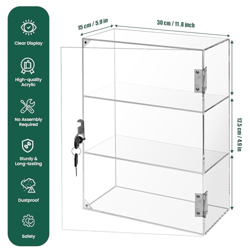 Locking Display Case, Acrylic Display Case with Lock Key, Clear Countertop Display case with Shelves(11.8x5.9x15.7 inch, 4.9in Shelf Clearance) - size: 4.9in Shelf Clearance