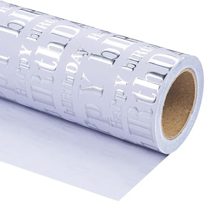 WRAPAHOLIC 3D Kraft Birthday Wrapping Paper Roll - Mini Roll - 17 Inch x 16.5 Feet - Silver and White Happy Birthday Lettering Design with Embossed Perfect for Holiday, Party Celebration - color: White & Silver Happy Birthday, size: 17 inch x 16.5 feet