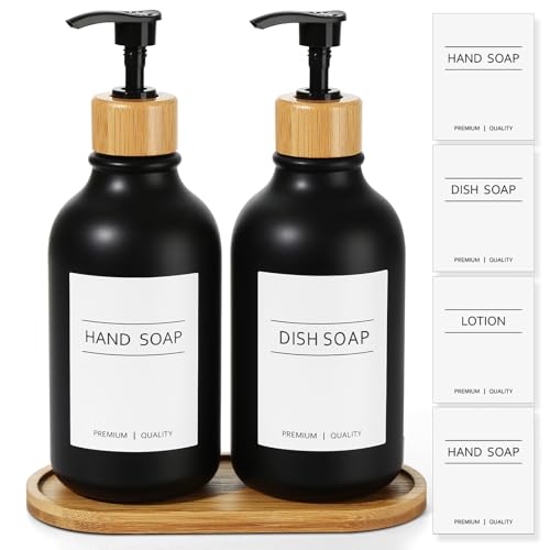 KASUNTING Hand and Dish Soap Dispenser Set, Plastic Kitchen Soap Dispenser Set with Bamboo Tray, 17 Fl Oz Black Soap and Lotion Dispensers Sets with 4 Pack Labels for Kitchen & Bathroom Countertop - color: Black, size: 2 Bottles with Bamboo Tray