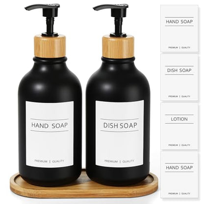 KASUNTING Hand and Dish Soap Dispenser Set, Plastic Kitchen Soap Dispenser Set with Bamboo Tray, 17 Fl Oz Black Soap and Lotion Dispensers Sets with 4 Pack Labels for Kitchen & Bathroom Countertop - color: Black, size: 2 Bottles with Bamboo Tray
