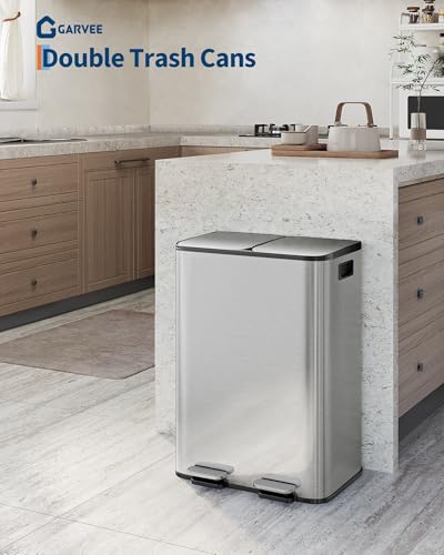 Garvee Double Trash Can, 2 x 8 gal (2 x 30 L) Garbage Can for Kitchen Dual Compartment Recycling Kitchen Step Trash Bin, Stainless Steel Trash and Recycle Bin Combo with Soft-Close Lid,Silver - color: Silver, size: 2 x 8 Gallon