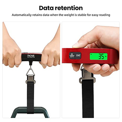 BAGAIL Digital Luggage Scale, 110lbs Hanging Baggage Scale with Backlit LCD Display, Portable Suitcase Weighing Scale, Travel Luggage Weight Scale with Hook, Strong Straps for Travelers - color: Red