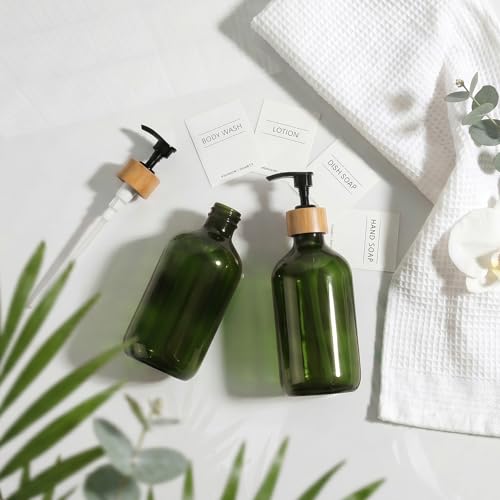KASUNTING Green Soap Dispenser, Plastic Bathroom Soap and Lotion Dispenser Set with Bamboo Pump, 2 Pack 17 Fl Oz Hand and Dish Soap Dispensers Set for Bathroom, Refillable Liquid Soap Bottles - color: Olive Green, size: 2 Bottles