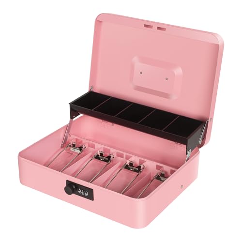 Cash Box with Money Tray and Combination Lock, Metal Money Box for Cash Register, Tiered Lock Box for Money 11.8" x 9.4" x 3.54" Pink - color: Pink with Combination Lock