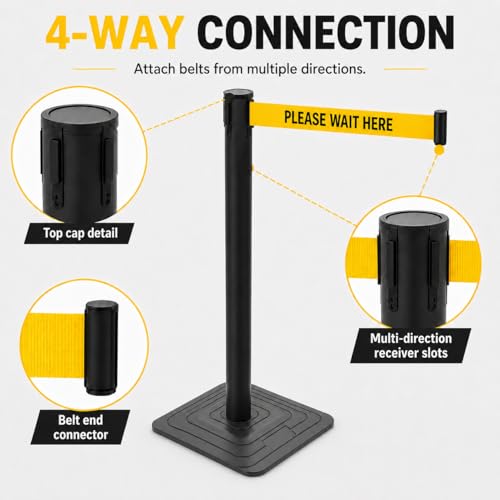4 Pack Crowd Control Stanchions with 10 FT “Please Wait HERE” Retractable Belts, Black Queue Barrier Posts with Weighted Rubber Bases, 4-Way Connection for Line Control - color: Please Wait HERE, size: Rectangular Base