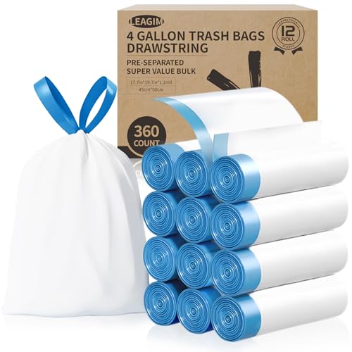 Small Trash Bags 4 Gallon, 360 Count -1.2 Mil Drawstring Mini Garbage Bags, White Plastic Trash Can Liners for Bathroom Accessories, 15 Liter, Bedroom, Dorm Room Essentials, Office - color: 4gal-360