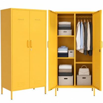 Metal Armoire Wardrobe Closet, 67" Tall Yellow Lockable Wardrobe Cabinet with 2 Doors, Hanging Rod and Adjustable Shelves, Steel Clothing Storage Cabinet for Bedroom, Home, Cloak Room, Gym, Office - color: Mustard, style: Wardrobe-67"H-JS