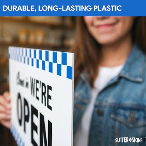 Open Closed Sign for Business, 10" x 6" (Blue Checker) - color: Blue Checker