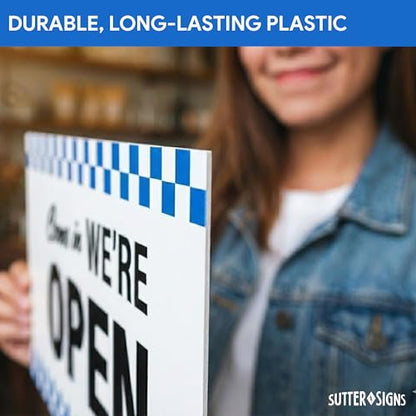 Open Closed Sign for Business, 10" x 6" (Blue Checker) - color: Blue Checker
