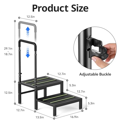 2 Step Stool with Handle, Heavy Duty Step Stool for Elderly and Adults, Adjustable Handrail with Non-Slip Platform, Bedside Steps for High Beds, Kitchen and Bathroom