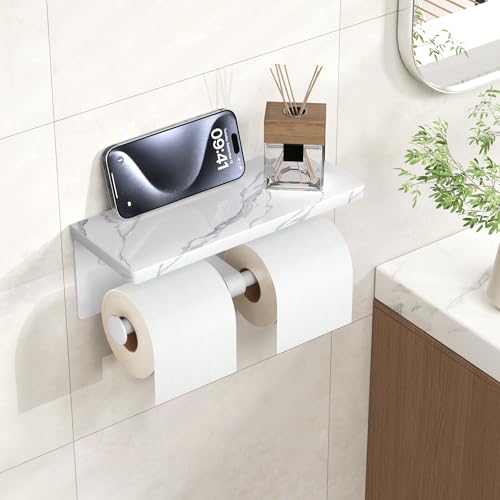 FORIOUS Double Marble Toilet Paper Holder with Phone Shelf, Commercial - color: White, size: Double Roll