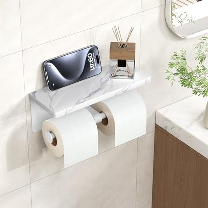 FORIOUS Double Marble Toilet Paper Holder with Phone Shelf, Commercial - color: White, size: Double Roll