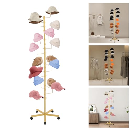 16 Hook Hat Display Stand with Lockable Wheels, 70" Freestanding Metal Hat Rack Organizer for Home & Store, 30 lbs Capacity (Gold) - color: Gold