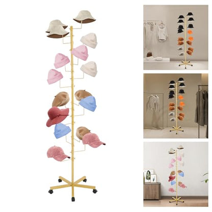 16 Hook Hat Display Stand with Lockable Wheels, 70" Freestanding Metal Hat Rack Organizer for Home & Store, 30 lbs Capacity (Gold) - color: Gold