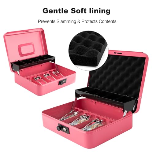 Cash Box with Combination Lock & Foam Auto-Pop Coin Tray – Secure Steel Money Box with 4 Upgraded Finger-Safe Bill Clips, Premium Smooth Scratch-Resistant Coating, 11.8", Combo Hot Pink - color: Combo Hot Pink