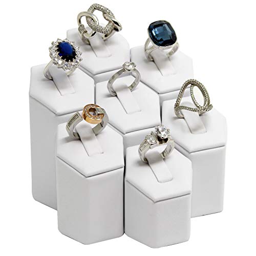 MOOCA 7-Piece Faux Leather Ring Stand Holder Jewelry Display, White - color: White Faux Leather