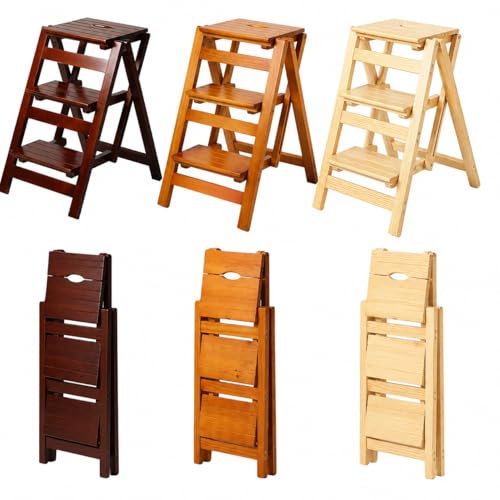 3-Step Wooden Folding Step Stool – Solid Pine Frame, Non-Slip Steps, Anti-Scratch Base, 337lb Capacity – No Assembly Required, Space-Saving for Kitchen & Home – Walnut (Light Brown) - color: Light Brown