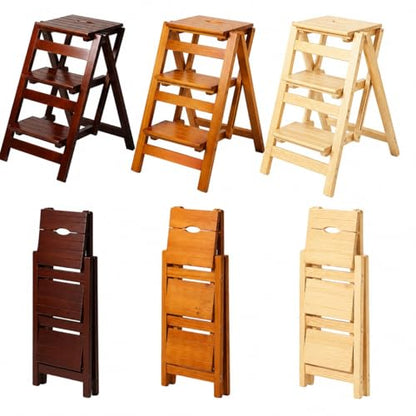 3-Step Wooden Folding Step Stool – Solid Pine Frame, Non-Slip Steps, Anti-Scratch Base, 337lb Capacity – No Assembly Required, Space-Saving for Kitchen & Home – Walnut (Natural Wood) - color: Natural Wood