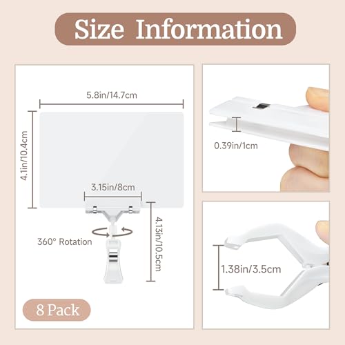 8pc 5.8 x 4.1” Chalkboard Sign with Clips, Double Sided Swivel Holder Clips - color: 8 5.8 x 4.1" White Clips