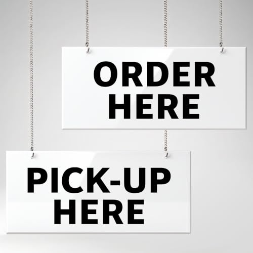 Order Here Sign 2PK Acrylic Hanging Order & Pick-Up Here Signs, 13.5" x 6" Two-Layer Design, Includes 4 Hooks, Durable Counter Signs for Café, Bakery, Restaurant, Pickup Station (White Background) - color: Black Text White Background