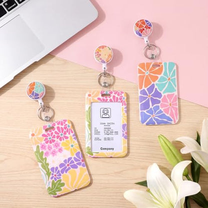 3 Pack Floral Retractable Badge Holders with Vertical Id Card Holders - color: Bloom