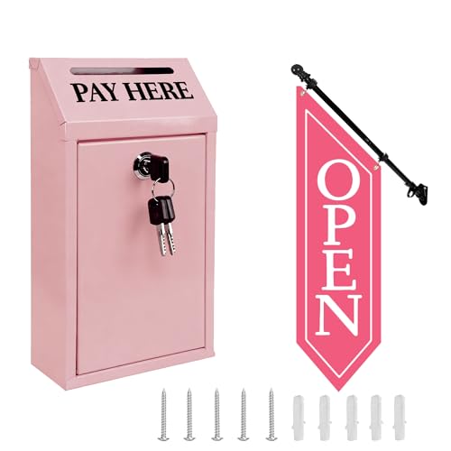 Locking Metal Cash Box with Key – 10.2"x5.7"x2.8" Money Collection Safe for Farm Stand or Retail – OPEN Flag Banner Kit with Pole & Bracket, Double-Sided Canvas Open Sign 42"x12" (Pink) - color: Pink