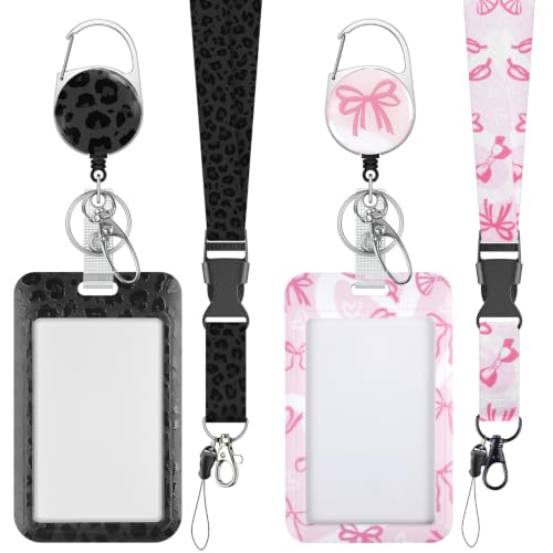 Uniclife Cute ID Badge Holder with Lanyard - color: Black Leopard Print & Pink Bowknot