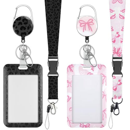 Uniclife Cute ID Badge Holder with Lanyard - color: Black Leopard Print & Pink Bowknot