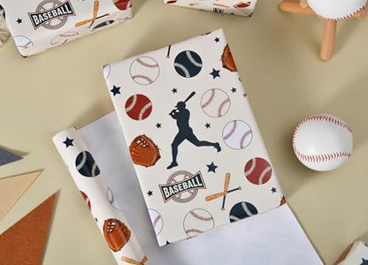 Sikiweiter Baseball Wrapping Paper Roll - 17" x 16.5 ft - Sports Themed Gift Wrap with Baseballs, Bats, Gloves & Player Silhouettes for Birthdays, Team Celebrations, and Baseball Fans(Baseball) - color: Baseball