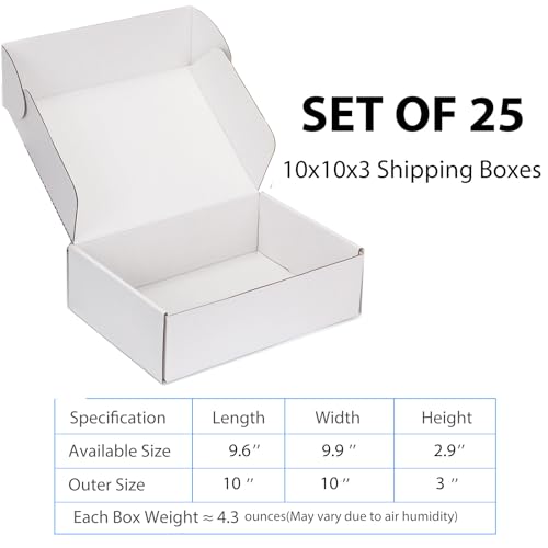 10x10x3 White Shipping Boxes for Small Business, Packing, 25 Pack - color: White, size: 10x10x3 Inch