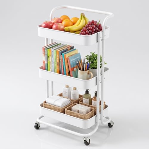 3 Tier Rolling Cart with Wheels, Metal Utility Cart Organizer with Handle for Kitchen, Bathroom, Office Storage, White