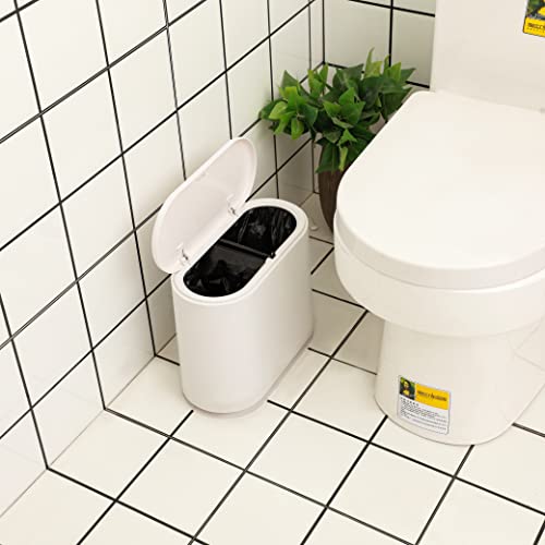 KLGO 2.4 Gallon Slim Plastic Trash Can Wastebasket,10 Liter Rectangular Double Barrel Garbage Container Bin for Bathroom,Bedroom, Kitchen and Office,Removable Liner Bucket,White