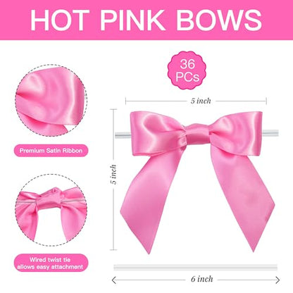 Hot Pink Satin Ribbon Twist Tie Gift Bows 5 Inch 36 Pack - color: Hot Pink