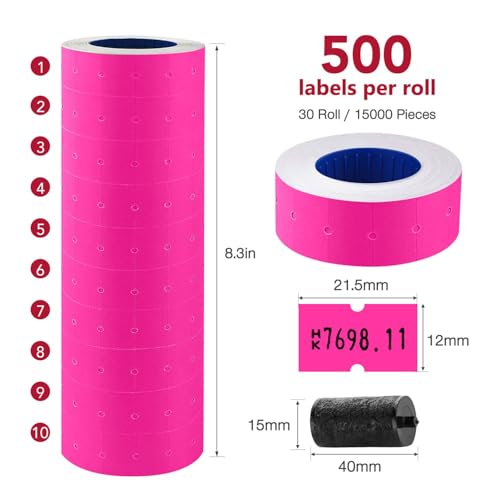 30 Rolls 15000pcs White Price Gun Labels for Mx-5500 Labeller White Pricemarker Stickers Plus 3 Piece Refill Ink Rolls (Rose) - color: Rose